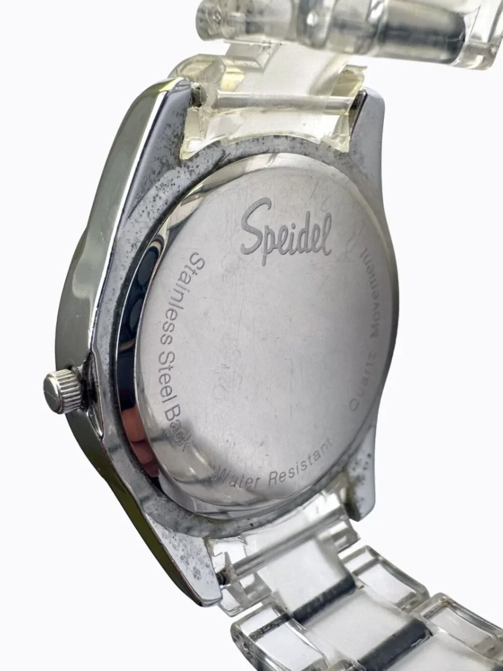 Vtg Speidel Y2K Clear Crystal Watch Silver Oversized Dial Translucent Band Retro